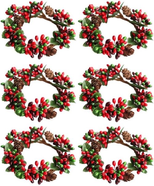 Amosfun Christmas Candle Ring Set - 6Pcs Artificial Berry Wreaths for Holiday Table Decor