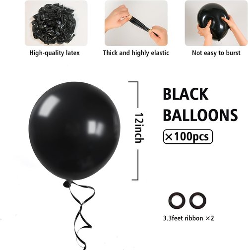BAUANOOY Black Balloons - 100pcs 12-Inch Latex Balloons with Ribbon for Graduation & Birthday Decor