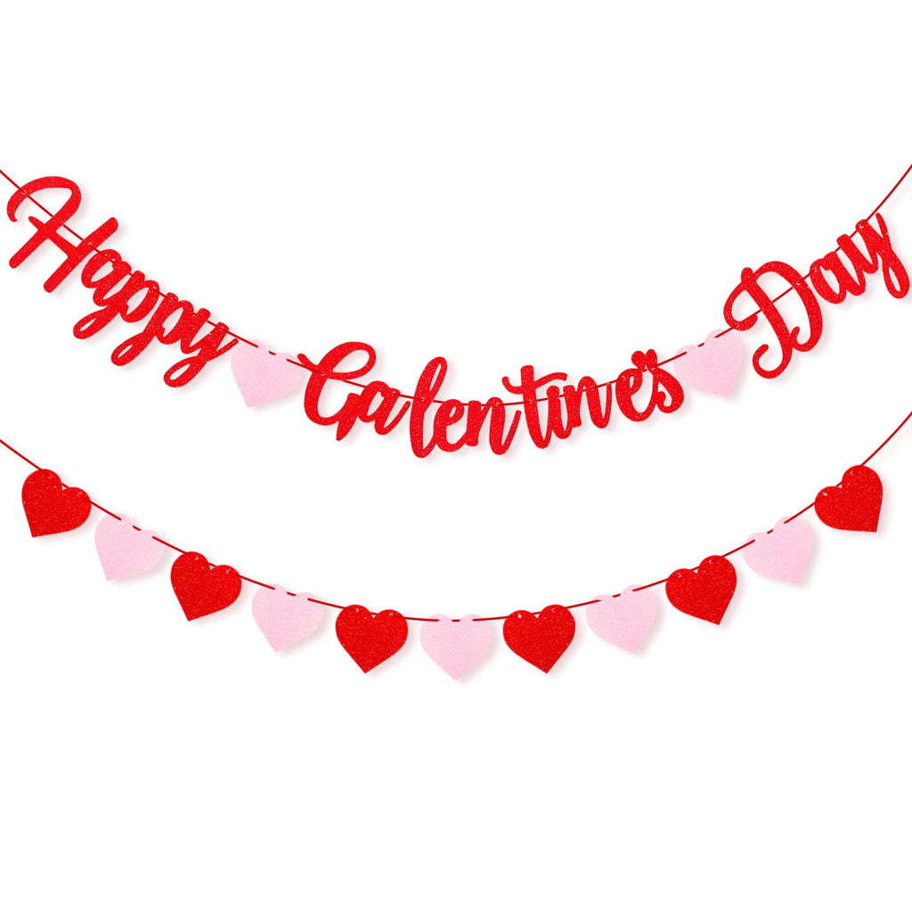 Red Glitter Happy Galentine's Day Banner Happy Galentines Day Decorations With Felt Heart Garland Banner Galentines Day Sign for Ladies Girls Galentines Decor Galentines Day Party Supplies Photo Props