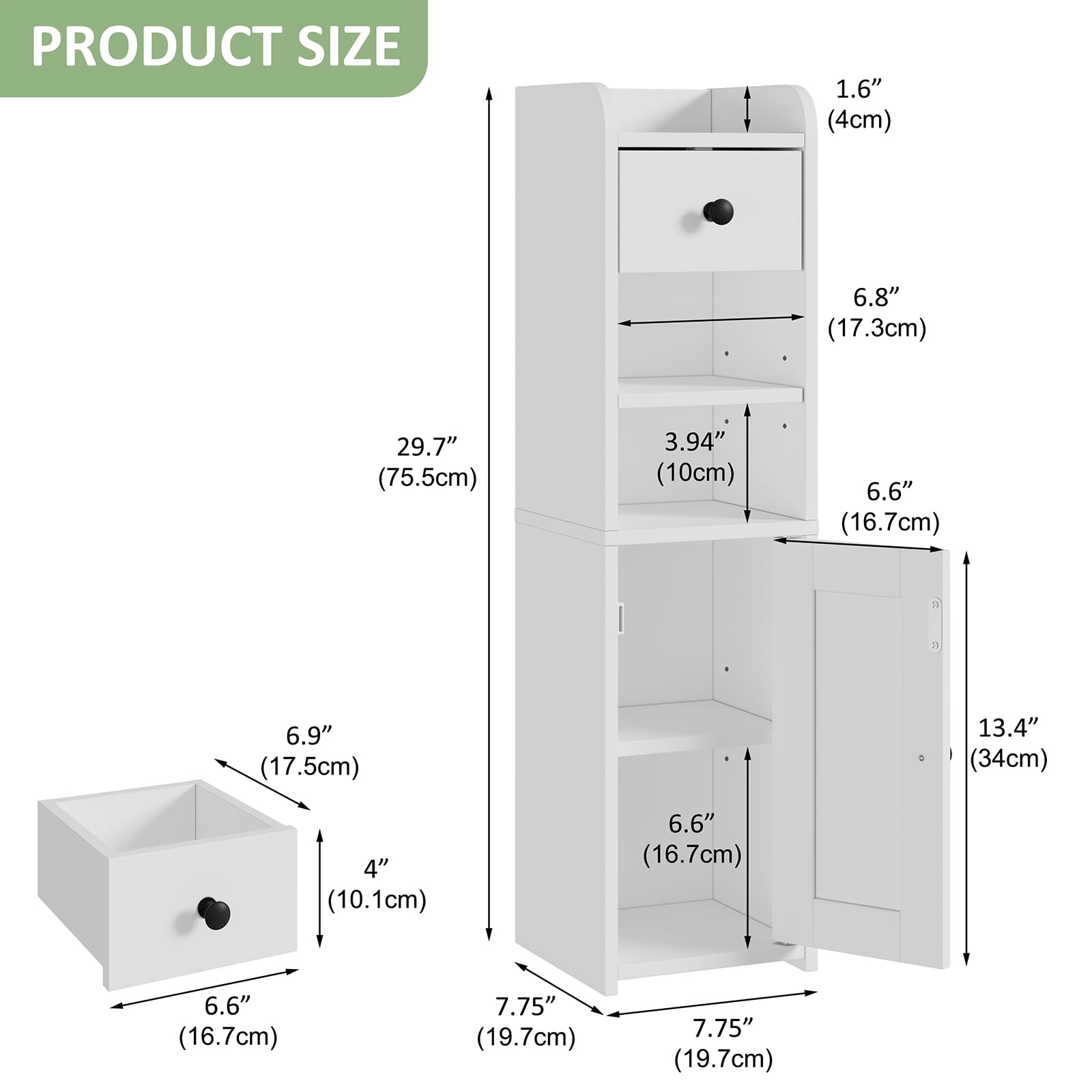 Lomojo Small Bathroom Storage Cabinet,Narrow Toilet Paper Holder,Corner Floor Cabinet with Doors and Drawer for Small Space,Adjustable Shelf Organizer,7.75L*7.75D*29.6H,White