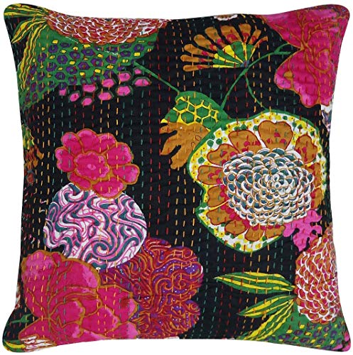 Handmade Black Cotton Kantha Cushion Cover - 16x16 Inches