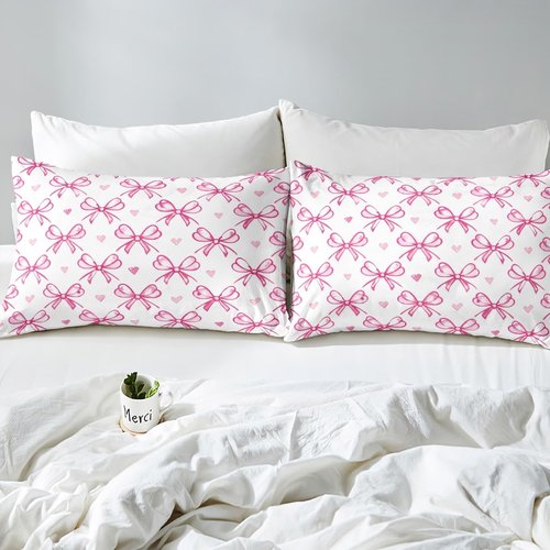 Pink Bow Girlish Kids Sheet Queen Size,Bowknot Love Heart Hand Paint Cute Bedding Set,Girls Women Room Decor,Princess Style Bow Tie Girly Romantic Bed Sheet Set 4pcs(Fitted + Flat + 2 Pillowcases)