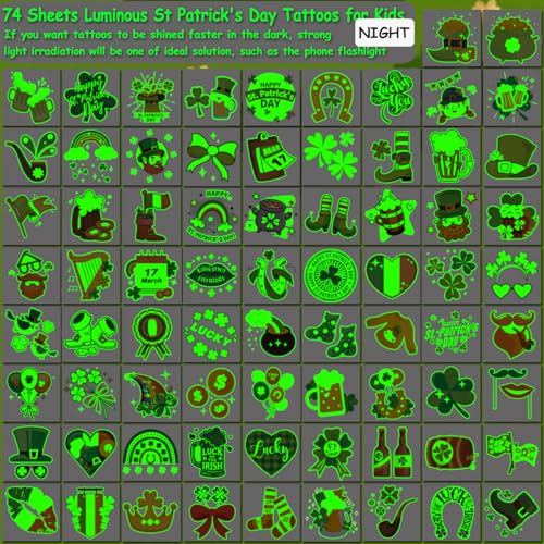 CHARLENT Glow in the Dark St. Patrick's Day Temporary Tattoos for Kids