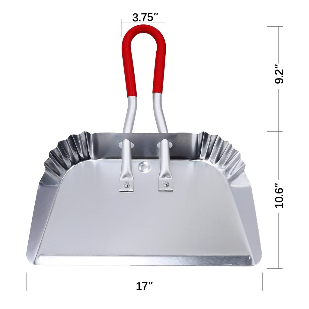 TOP DOG Metal Dustpan 17”, Aluminum Dust Pans Heavy Duty Does not Chip or Bend Sheet Metal Edge Flat Against Floor for Small Item Sweeping Rubber Coated Easy to Grasp Handle (1pcs)