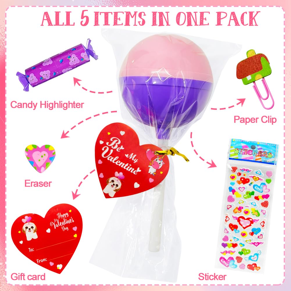 WODMAZ 24 Pack Lollipop-Shaped Stationery Set with Cards Highlighters Stickers Erasers Paperclips for Classroom Gifts Exchange, Easter Stationery Gifts, Goodies Bag Prizes