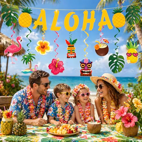 Hawaiian Luau Party Decorations Kit - 9PCS Hanging Swirls & ALOHA Banner
