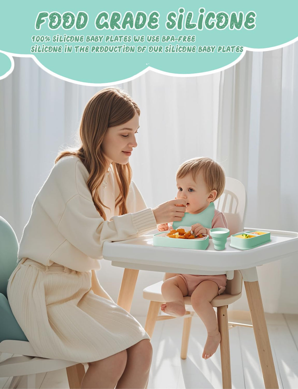 Travel Silicone Baby Feeding Set Portable Toddler Feeding Supplies Toddler Plates and Bowls Set Baby plates with Suction With spoon and cup, bib and waterproof storage bag