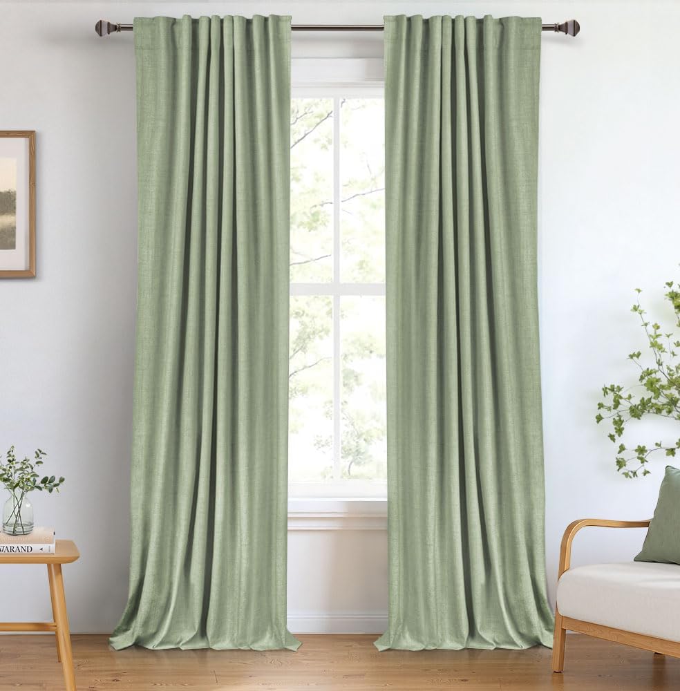 Skiennix 100% Blackout Linen Curtains - Thermal Insulated Drapes for Bedroom | 2 Panels Set, 50" W x 96" L, Sage