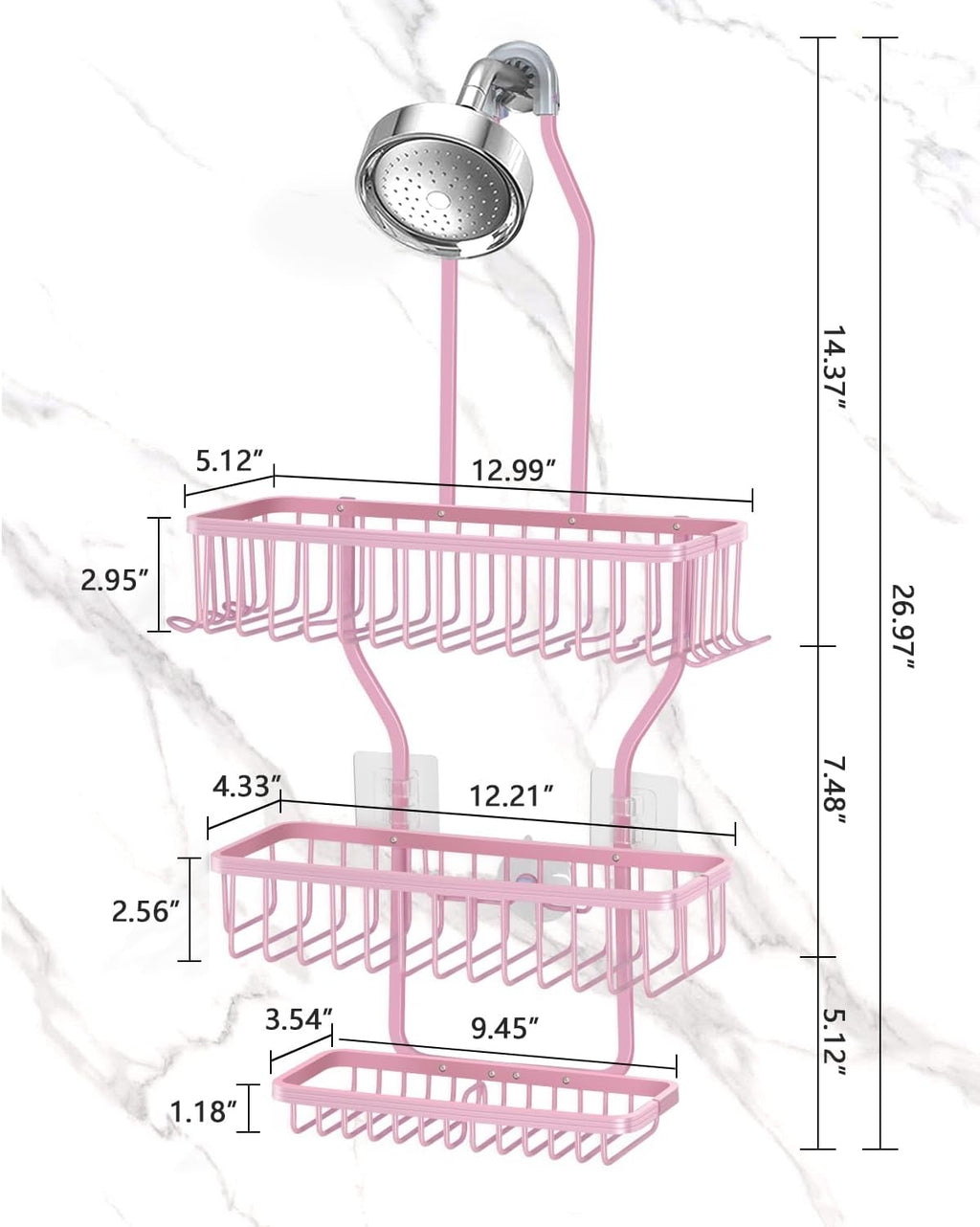 Skiennix Pink Shower Caddy - Rustproof Hanging Organizer with Soap Basket & Hooks | Large 3-Tier Design