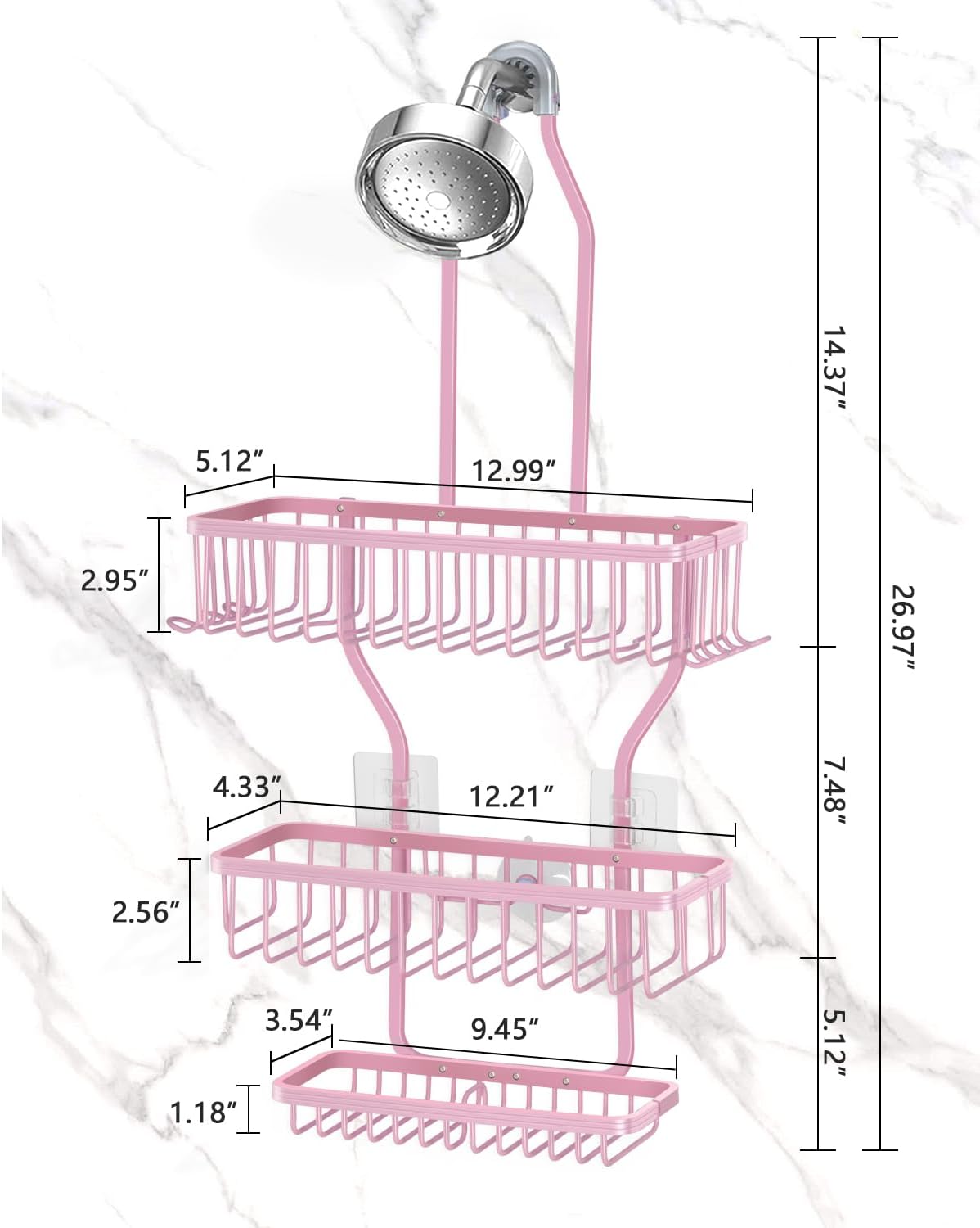 Skiennix Pink Shower Caddy - Rustproof Hanging Organizer with Soap Basket & Hooks | Large 3-Tier Design