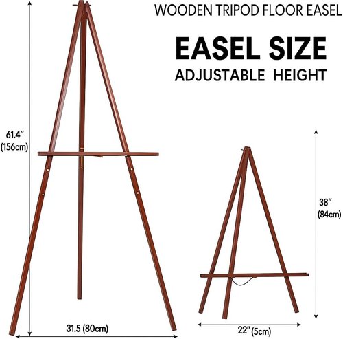 Conda 63" Wooden Tripod Easel - Adjustable A-Frame Display Stand for Weddings & Art, Foldable Design
