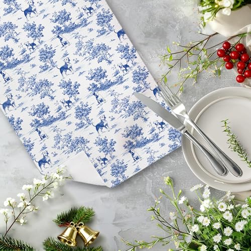Chinoiserie Bull Terrier Dog Kitchen Towel Blue White Floral 16x24