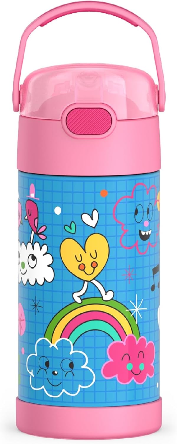 THERMOS FUNTAINER Water Bottle - 12 Ounce Stainless Steel, Vacuum Insulated with Straw for Kids | Sketchbook Design