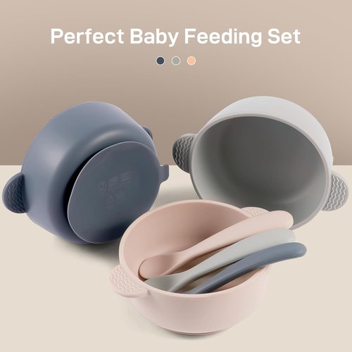 Eascrozn Silicone Baby Feeding Set - 3 Suction Bowls & 3 Spoons | BPA-Free, Dishwasher Safe