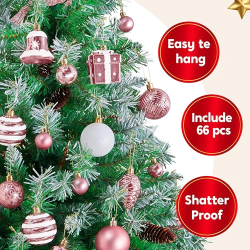 Pink Christmas Tree Ornaments Set - Shatterproof Holiday Decorations, 66 pcs