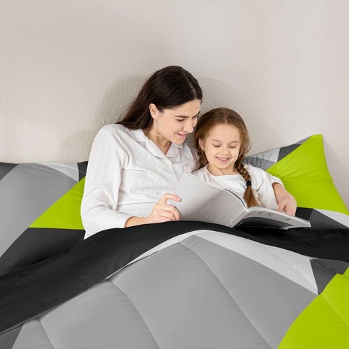 Erosebridal Lime Green Black Grey Bedding Set Geometric Triangle Comforter Set Twin Patchwork Down Comforter for Kids Teen Adults Modern Abstract Quilt Duvet Insert with 1 Pillow Case