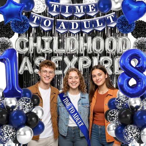 Blue Black 18th Birthday Party Decorations Kit with Balloon Banner & Sash
