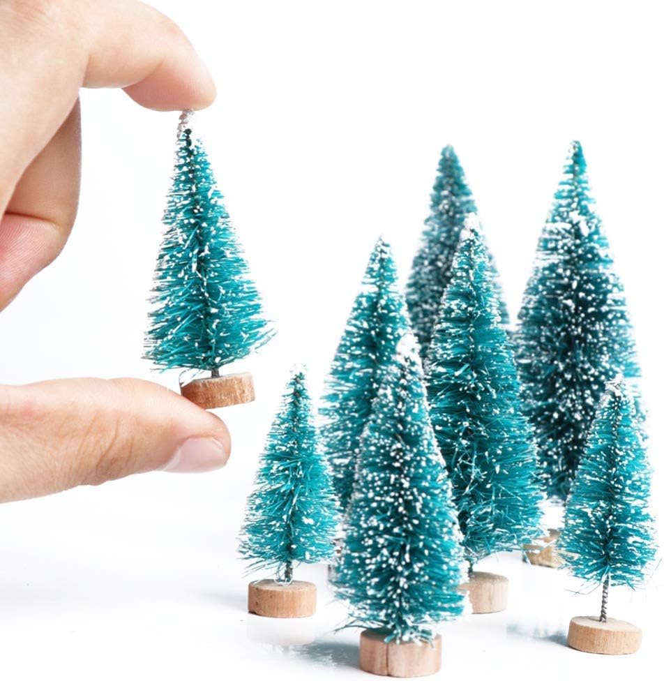 Skiennix Artificial Mini Sisal Christmas Trees - Snow Frosted with Wooden Bases | 20 Pcs in Blue-Green for Home Decor