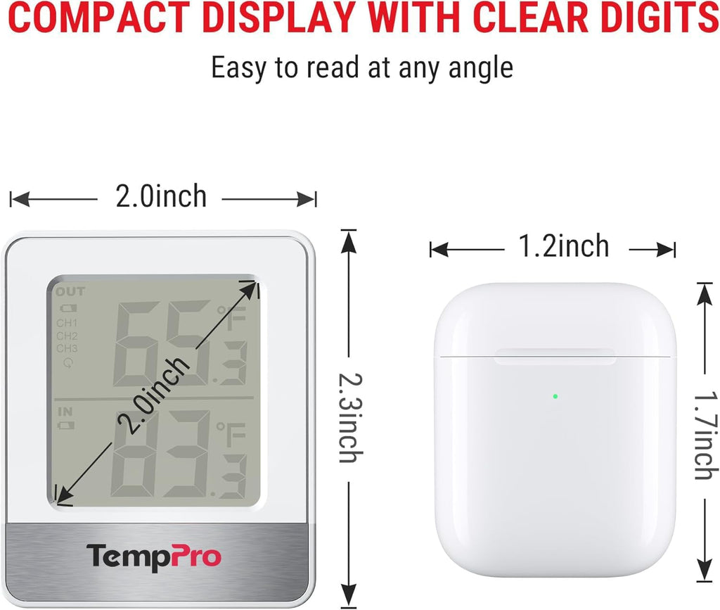 TempPro Wireless Indoor Outdoor Thermometer - 500FT Range Temperature Sensor for Greenhouse, Patio & Home