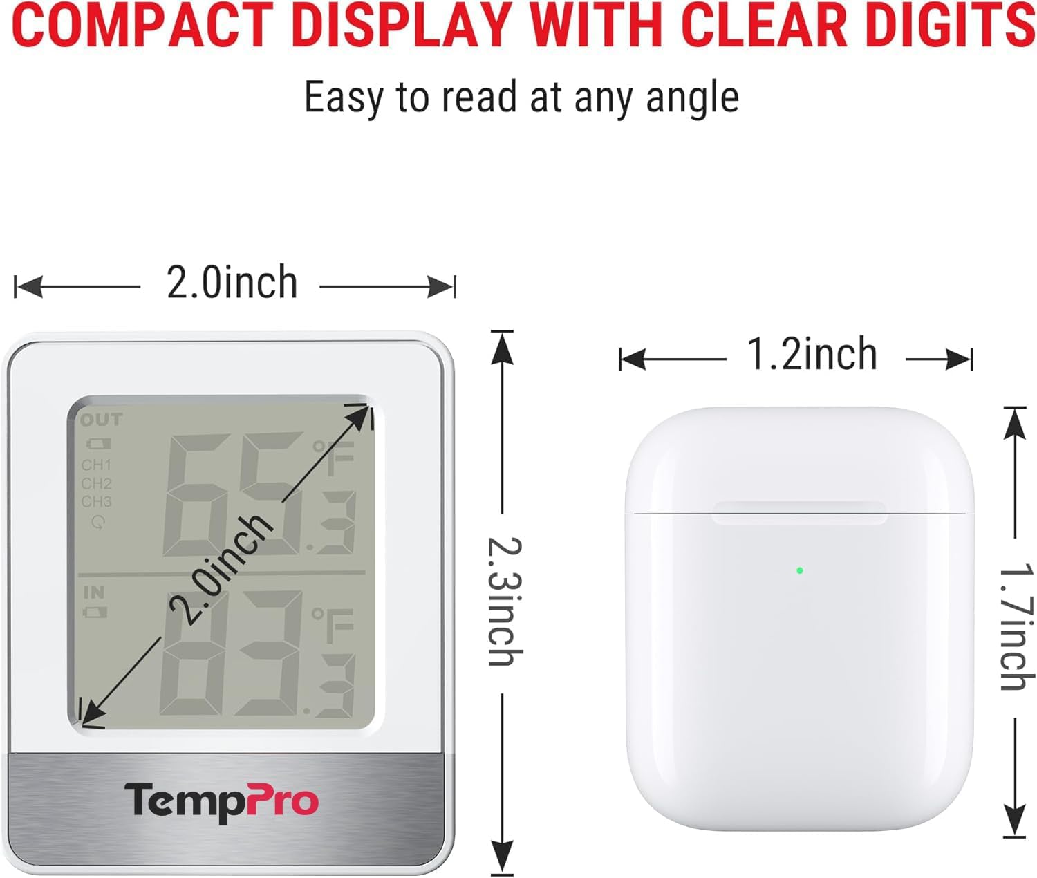 TempPro Wireless Indoor Outdoor Thermometer - 500FT Range Temperature Sensor for Greenhouse, Patio & Home