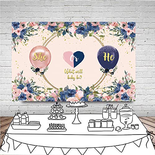 Navy and Blush Floral Gender Reveal Backdrop Banner - 70.8 x 47.2 in