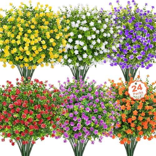 Besteek 24-Bundle Artificial Flowers, UV Resistant Mixed Color Faux Plants