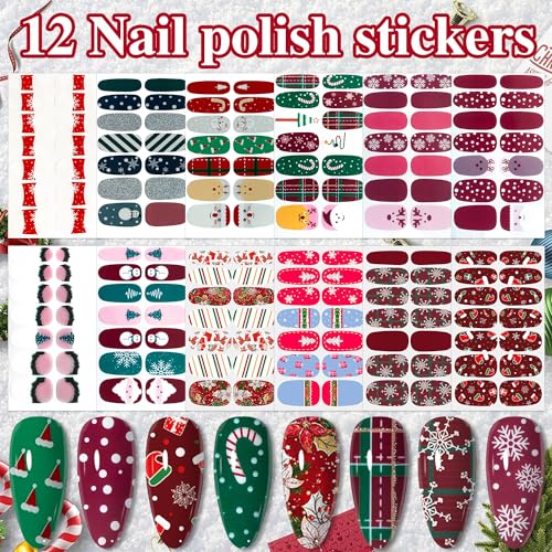 WOKOTO 12 Sheets Christmas Nail Polish Strips - Festive Holiday Full Wraps