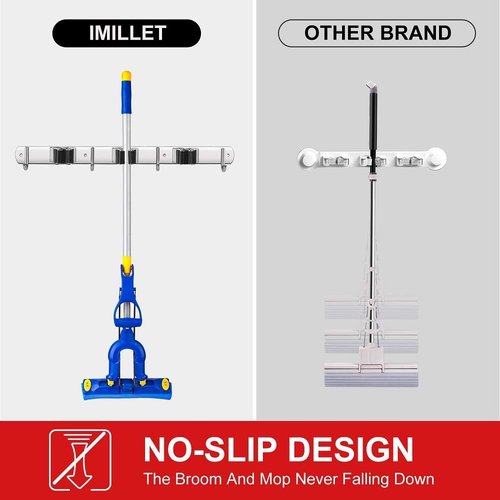 IMILLET Broom and Mop Holder - Wall Mounted Stainless Steel Organizer | Heavy Duty Self-Adhesive Hooks for Home