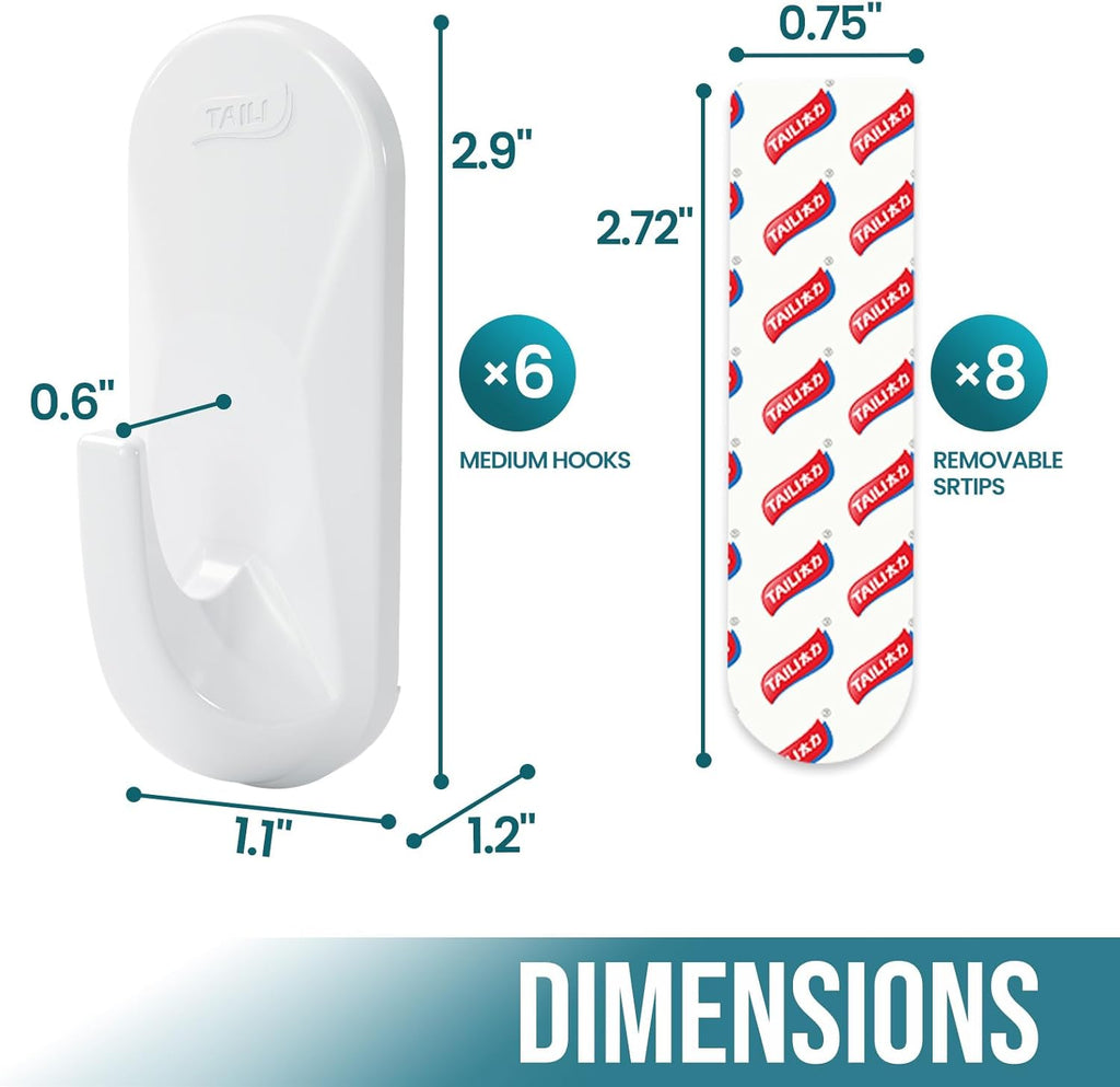 TAILI Heavy-Duty Hooks for Hanging | 6 Plastic Sticky Hooks with 8 Adhesive Strips - White, No Damage, Removable & Reusable