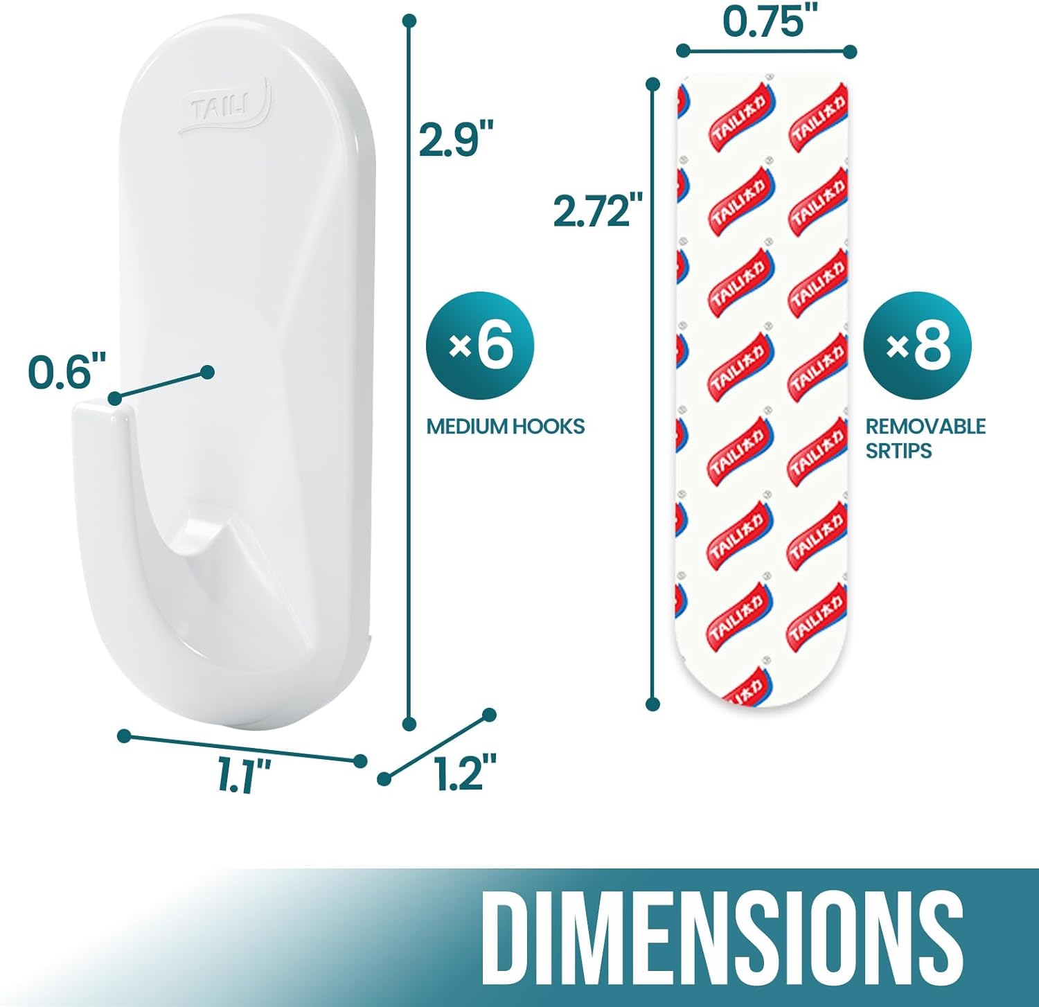 TAILI Heavy-Duty Hooks for Hanging | 6 Plastic Sticky Hooks with 8 Adhesive Strips - White, No Damage, Removable & Reusable
