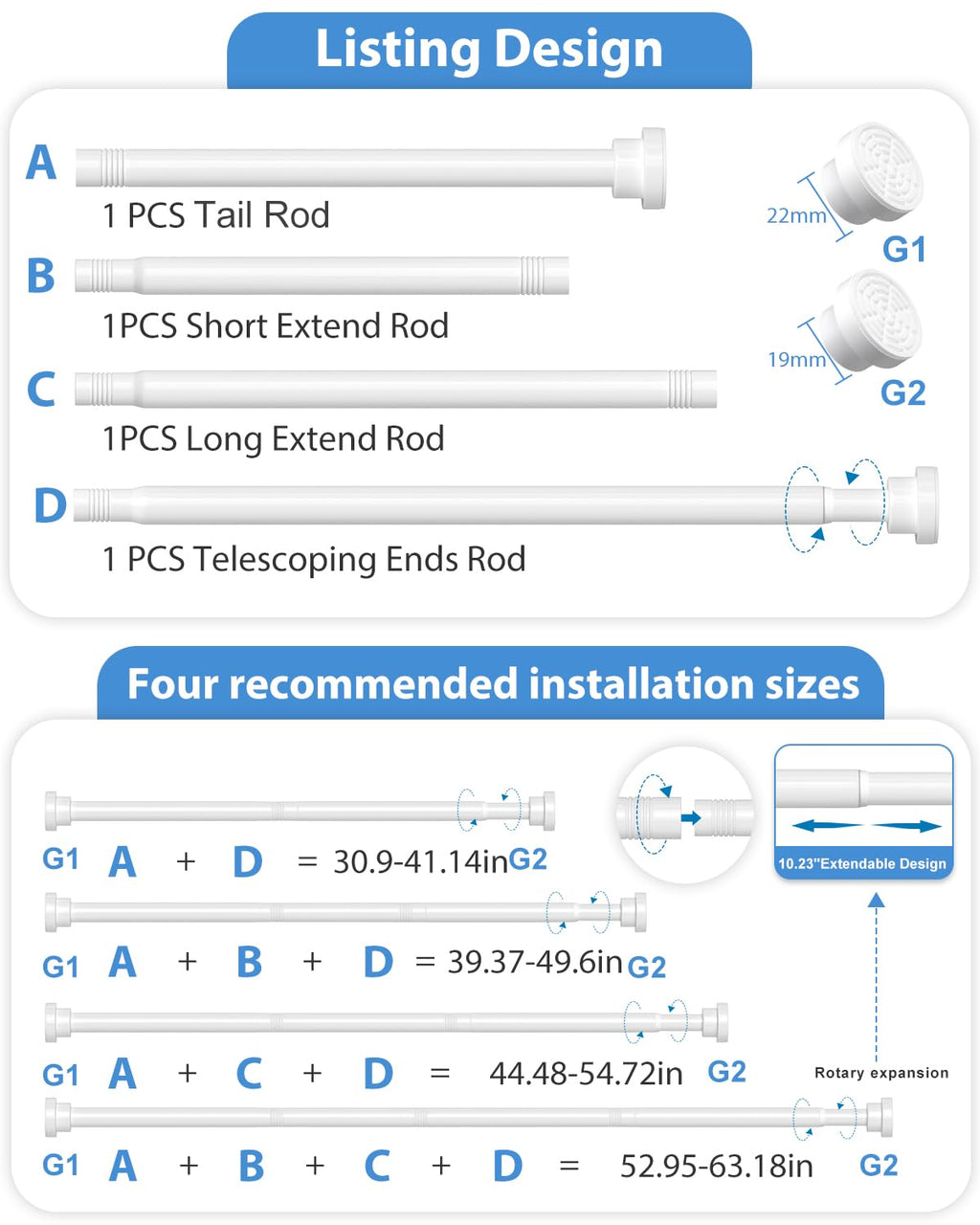 Spring Tension Curtain Rod 30 to 63Inch, White Tension Rod Adjustable Curtain Rods No Drilling Expandable Pressure Curtain Rod Tension Rods for Windows,Doorway,Bathroom,Closet