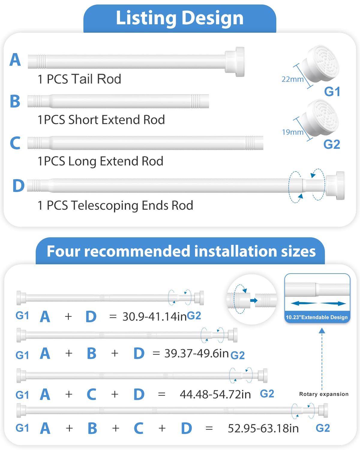Spring Tension Curtain Rod 30 to 63Inch, White Tension Rod Adjustable Curtain Rods No Drilling Expandable Pressure Curtain Rod Tension Rods for Windows,Doorway,Bathroom,Closet