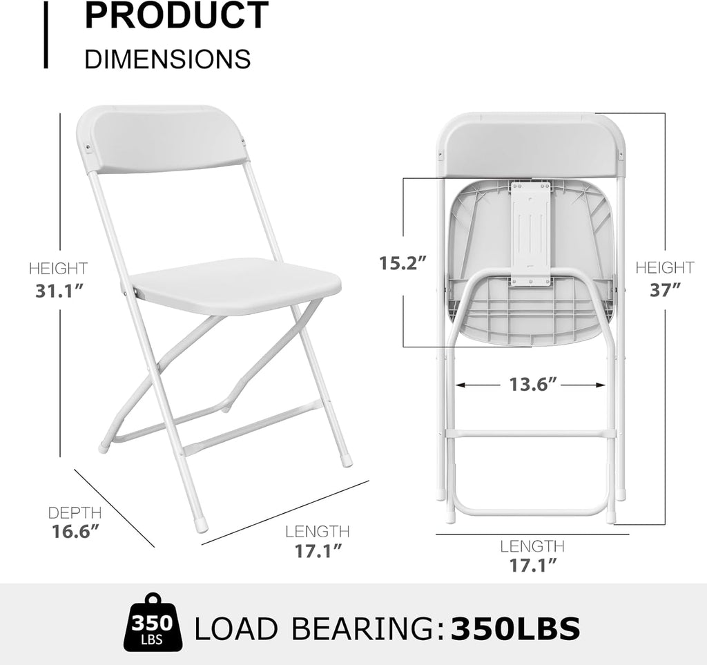 Regine Switzerland 10-Pack White Folding Chairs - Portable, Stackable Plastic Seats for Events | 350lbs Capacity