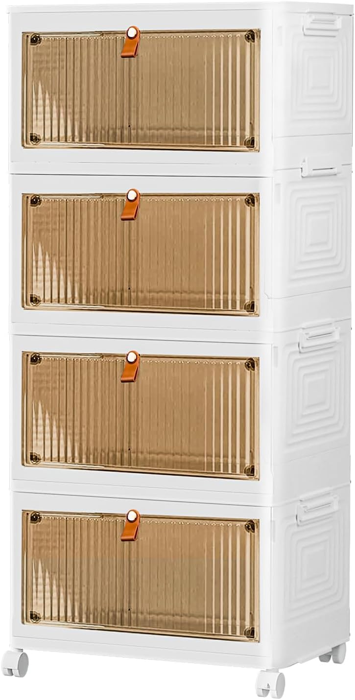 Skiennix 4-Tier Stackable Storage Bins - 23QT Plastic Organizers with Lids & Wheels for Home Organization