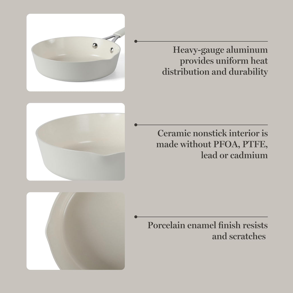 Martha Stewart Heathland 8 Inch Aluminum Fry Pan Cookware Non-Toxic Premium Ceramic Non Stick Frying Pan, Kitchen Egg Pan, Omelet Pan, Always Pan, Pots and Pans, Linen White, Induction Safe