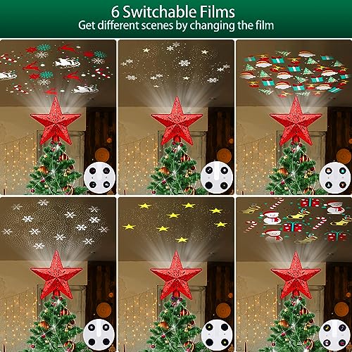 Christmas Tree Topper Lighted Star with 6 Projected Patterns - Rotating 3D Glitter Xmas Decor - Red - Variation 1