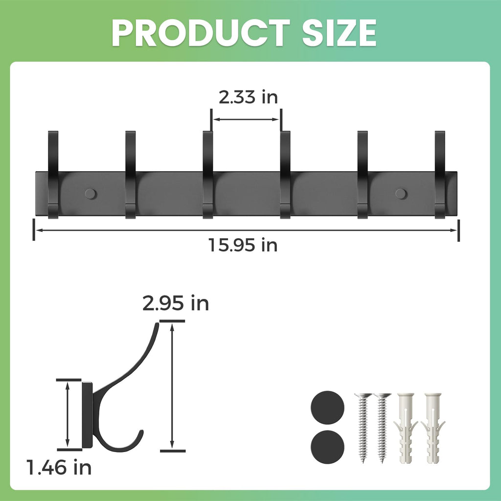 Geobella Coat Rack Wall Mount with 6 Hooks (Black, 1 Pack), Heavy Duty Coat Hooks Wall Mount for Entryway, Bedroom, Closet, Wall Hooks for Hanging Hats, Bags, Purses