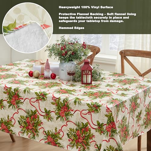 Newbridge Holly Traditions Christmas Vinyl Tablecloth 70x52 Inches - Rectangular Holiday Decor
