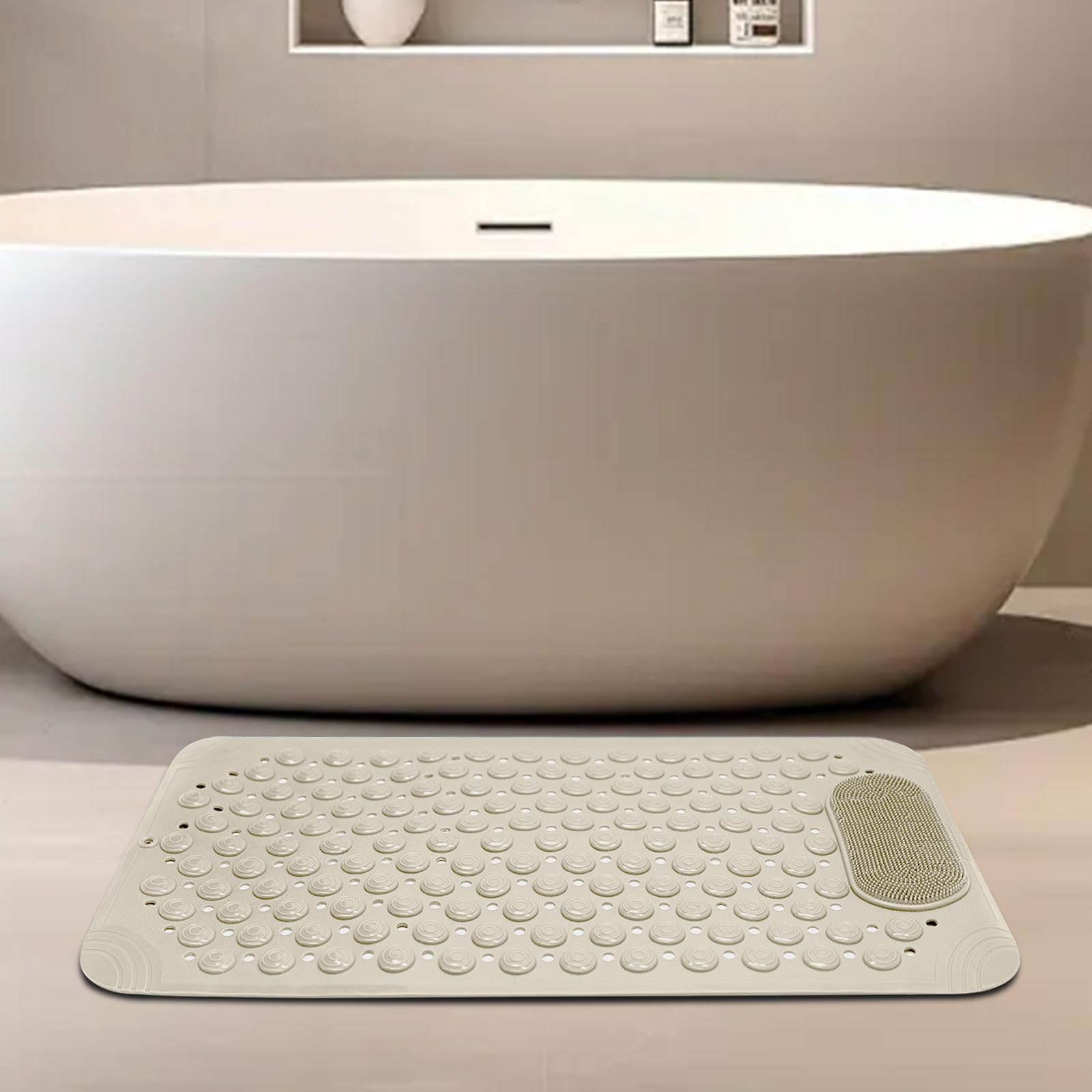Bathtub Mat 27x14 inch Non Slip Shower Mat with Suction Cups, Anti Slip Shower Mat with Drain Holes Foot Scrubber, Machine Washable Bath Tub Shower StallMat (Khaki)