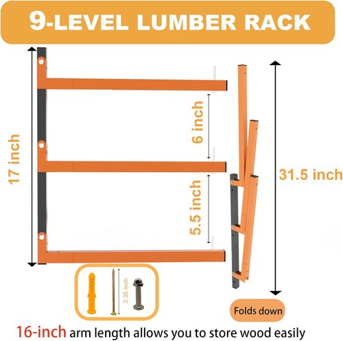 Lumber Rack | Heavy-Duty Wall Mount Wood Storage Racks - 9-Level Garage Shelving, 1080 Lbs Capacity, 6 Pack