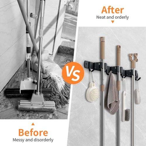 Heavy Duty Broom Hanger & Mop Holder by [Brand Name] - Stainless Steel Wall-Mounted Organizer Rack | 2 Pack, Matte Black