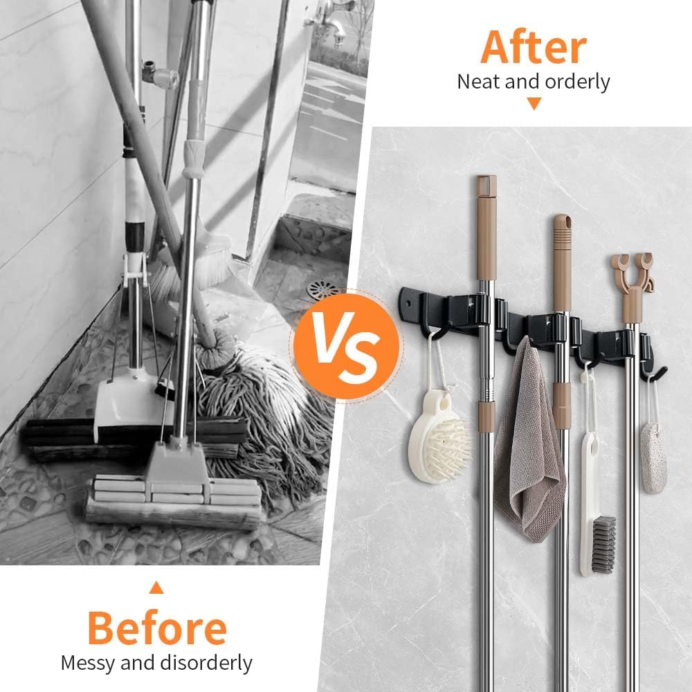 Skiennix Heavy-Duty Broom Hanger & Mop Holder - Wall-Mounted Organizer Rack with 4 Hooks | Matte Black