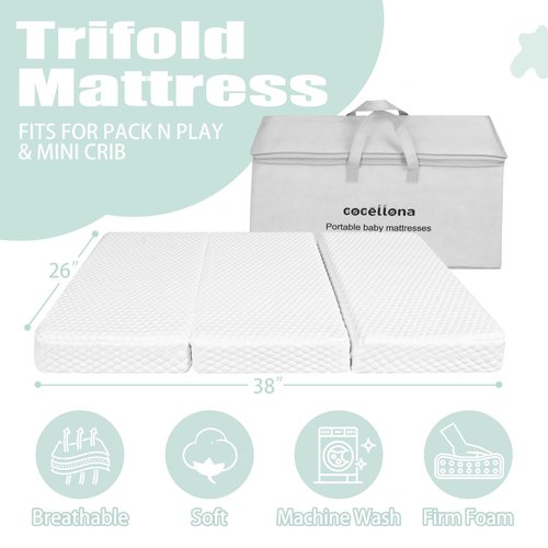 Cocellona Pack and Play Mattress, 38x26 Trifold Pack N Play Mattresses with Travel Bag, Dual-Firmness Memory Foam Foldable Portable Baby Mattress for Pack n Play