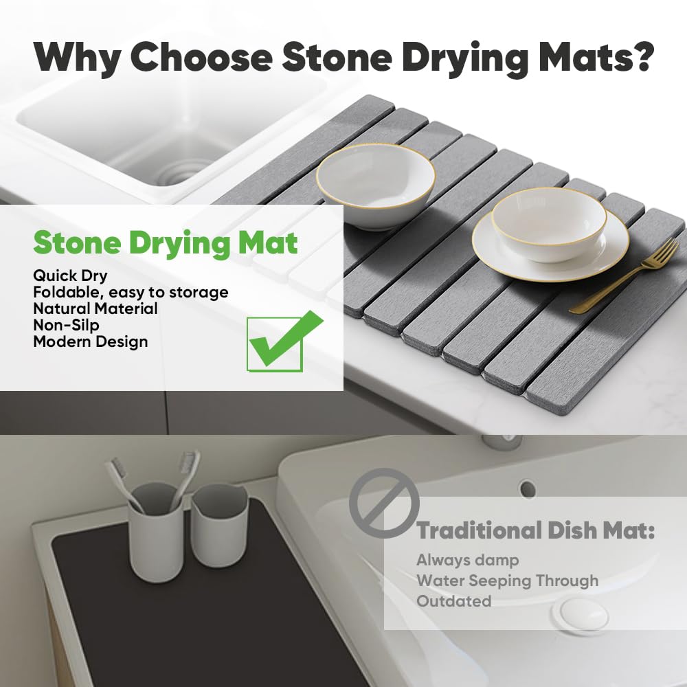 Stone Drying Mat for Kitchen Counter, Quick Diatomaceous Earth Mats for Dishes, 24"L x 16" W Super Absorbent Fast-Drying Collapsible Countertop Stone Mat (Light Grey, 24" x 16")