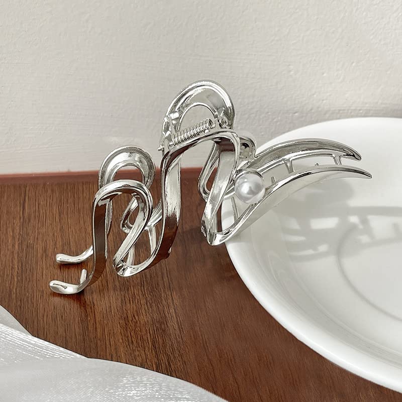 Silver Metallic Ribbon Pearl Hair Claw Clip Large Non-Slip Hair Clamp