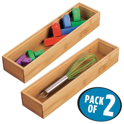 mDesign Slim Wooden Bamboo Drawer Organizer - 12" Long Stackable Storage Box Tray for Kitchen Drawers/Cabinet - Utensil, Silverware, Spatula, Flatware Holder - Echo Collection, 2 Pack, Natural Wood
