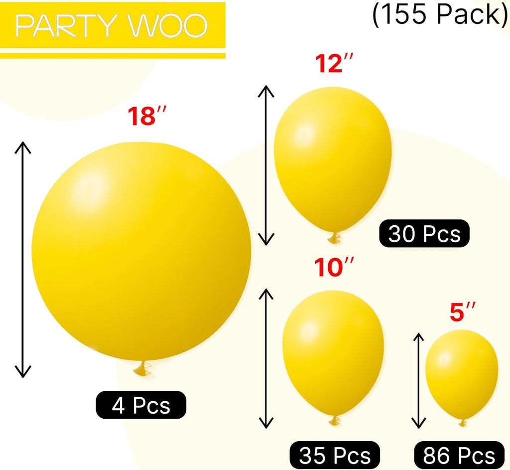 PartyWoo Yellow Balloons - 155-Piece Matte Latex Balloon Arch Kit for Celebrations | Various Sizes 5-18 Inch