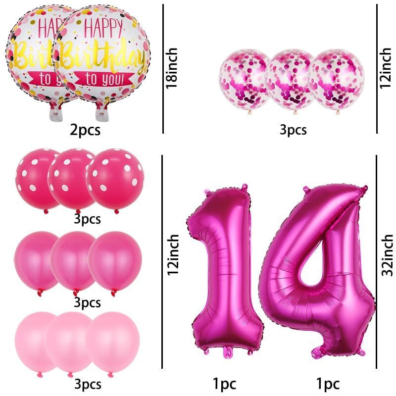 14th Birthday Decorations Rose Red Number 14 Balloon Set
