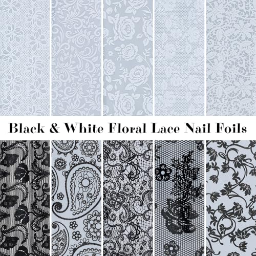 Kikonoke Lace Nail Foil Transfer Sheets - 10 Rolls Black & White Flower Decals