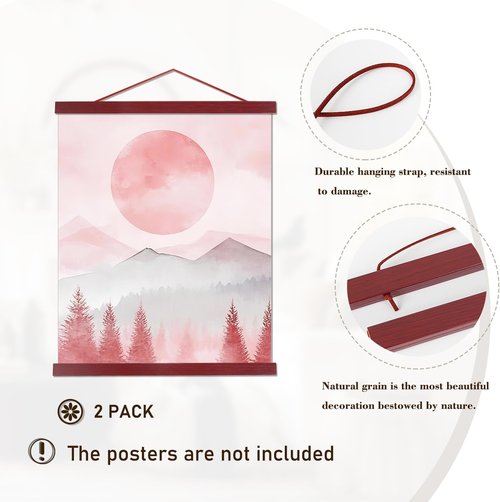 Artmag Magnetic Poster Hanger Frame - 2 Pack Light Wood Dowel for 20x28, 20x30, 20x26 Canvas Prints | Mahogany Finish